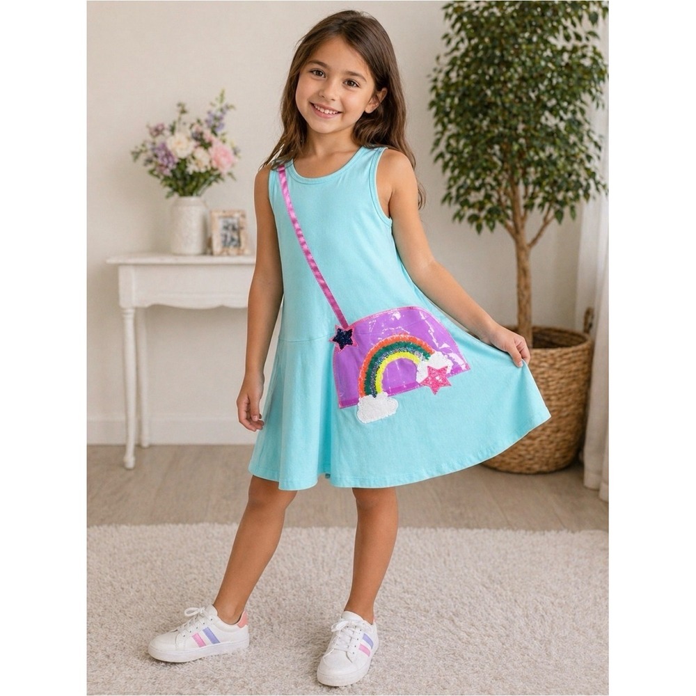 Truly Me Girls Rainbow Dress Size 6X Blue Sleeveless Skater Dress Sequin Patch